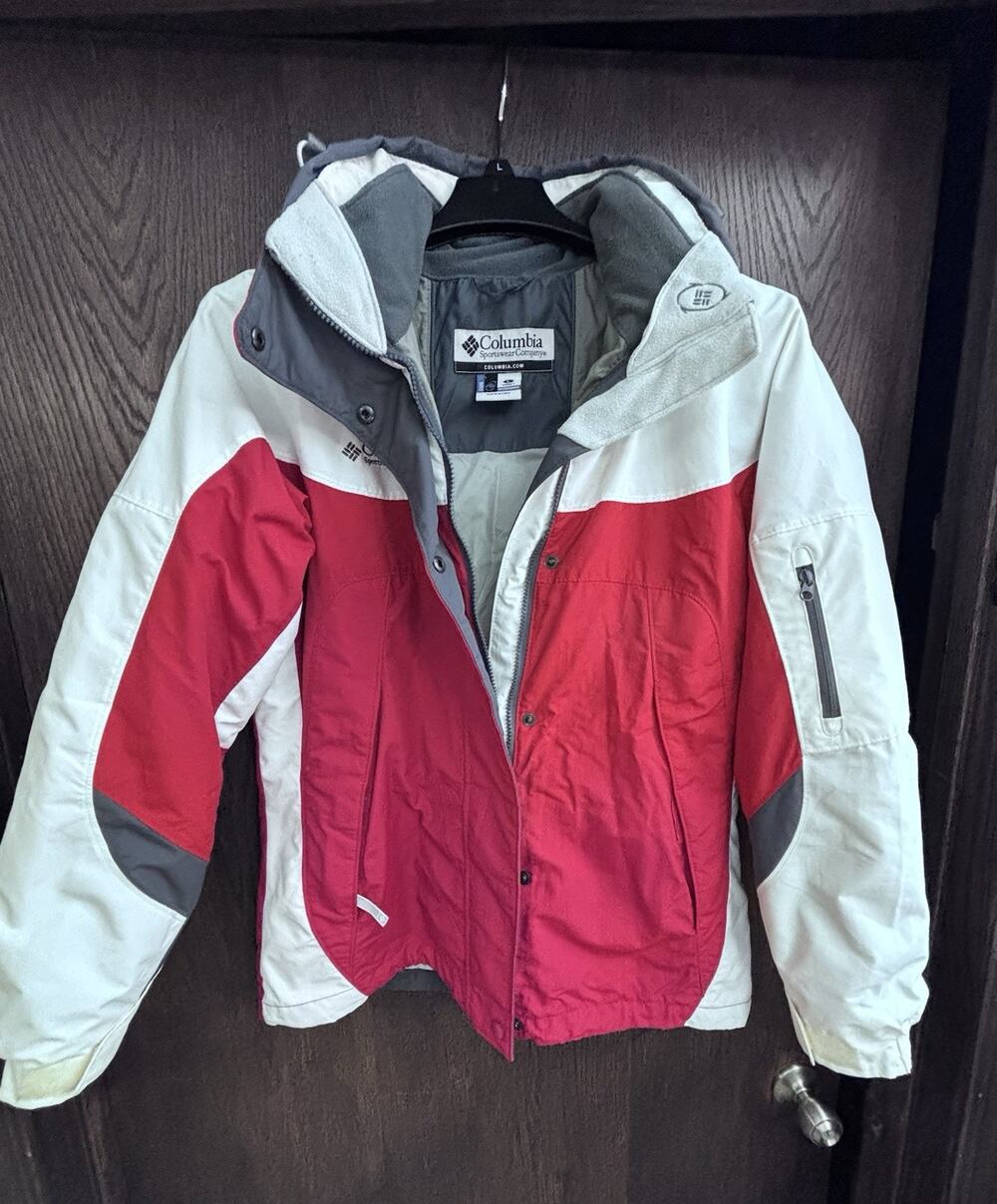Columbia Women's L Interchange Winter Ski Jacket Red White Grey Hood Waterproof